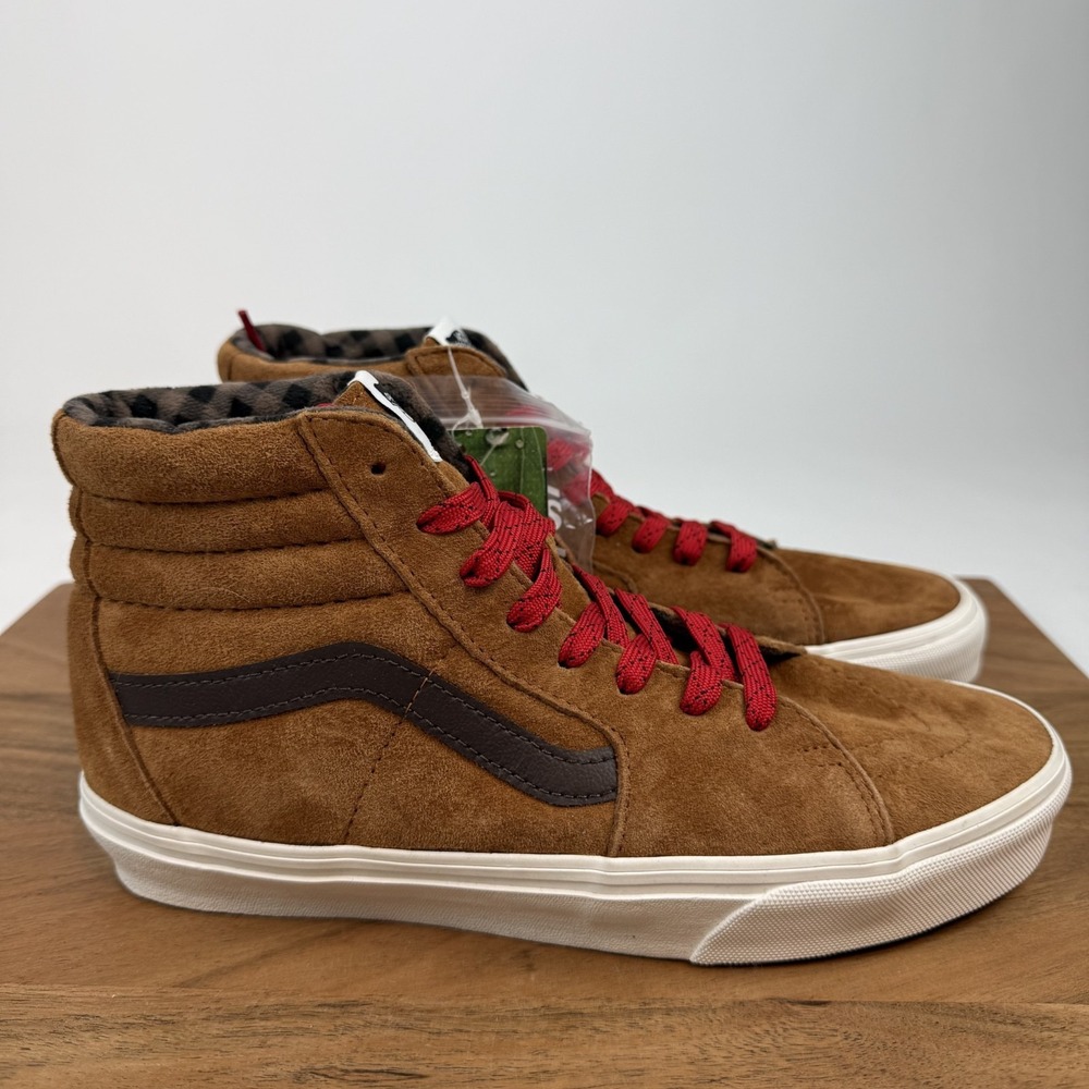 New Womens Vans Sk8 Hi Glazed Ginger Brown Leather Plaid Sneakers Size 9 M NWOB